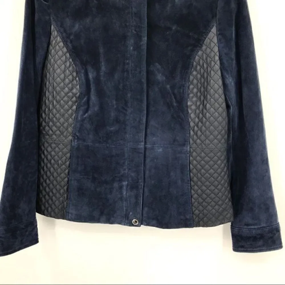 Isaac Mizrahi Live navy long sleeves leather jacket zipper closure women size 10
